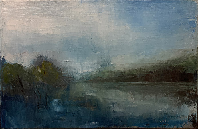 Tableau de Veronique Azam, artiste peintre. Le tableau se nomme Brume bleu, les dimensions sont de 21x27 centimètres. Technique Huile sur toile.